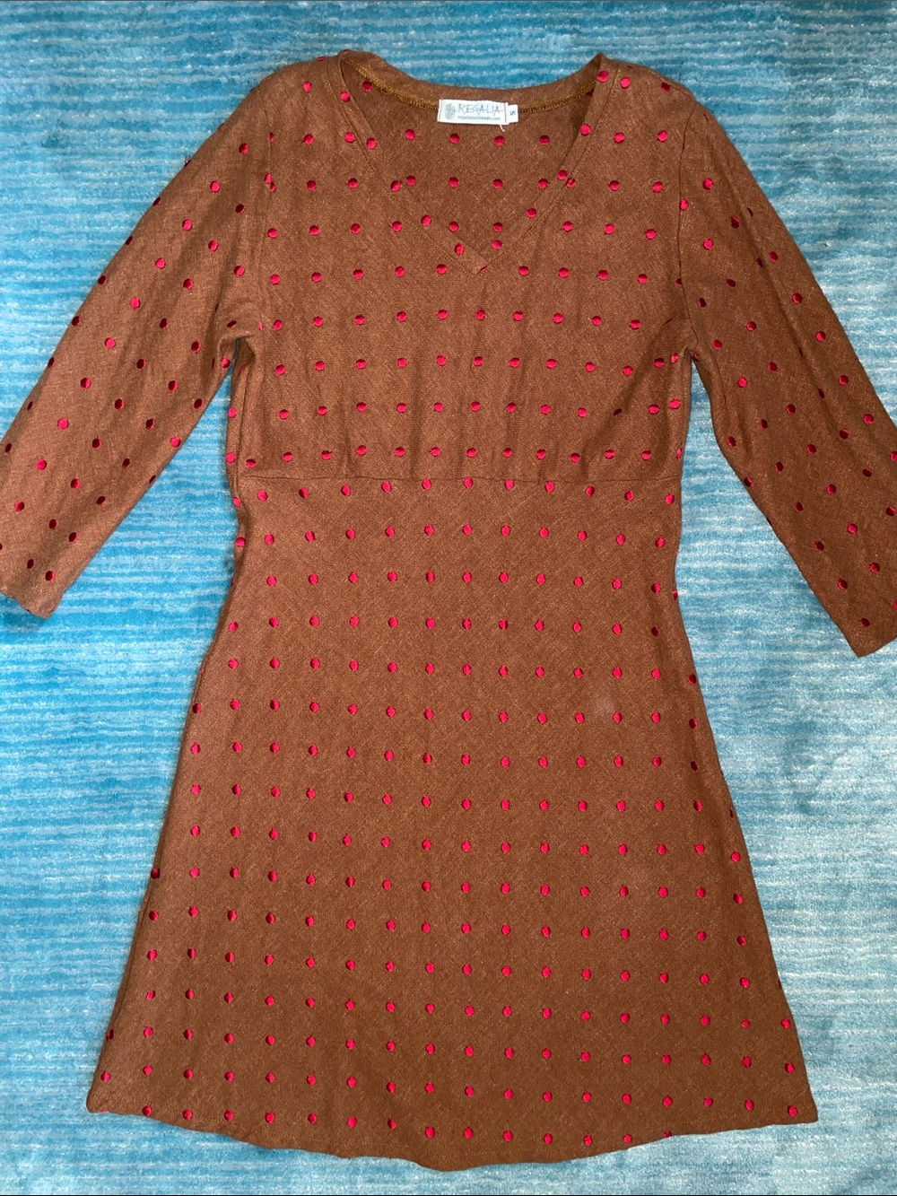 Handmade Regalia Boutique Brown Linen Dress with Red Dots  Sz Small Like New